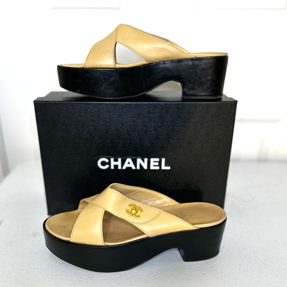CHANEL Women's Gold and Black Platform Mules